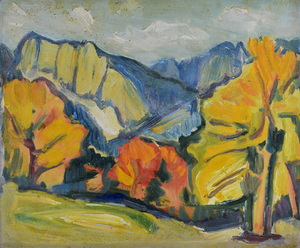 Werkverzeichnis Nr. 904, um 1975, Berge und Bäume, Acryl auf Karton, 40,5 x 47,8 cm